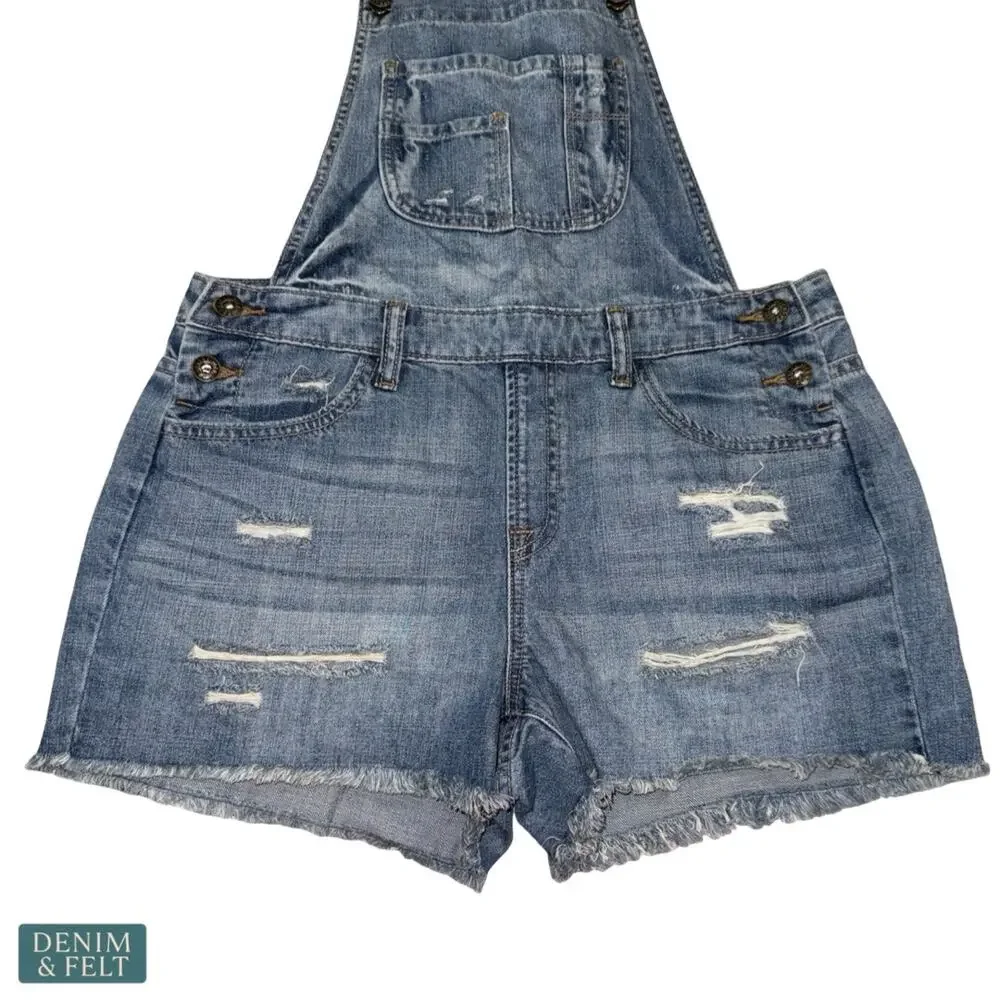 Sneak Peek Denim Short Overalls‎ Distressed Frayed Hem Bib Shorts Blue Casual